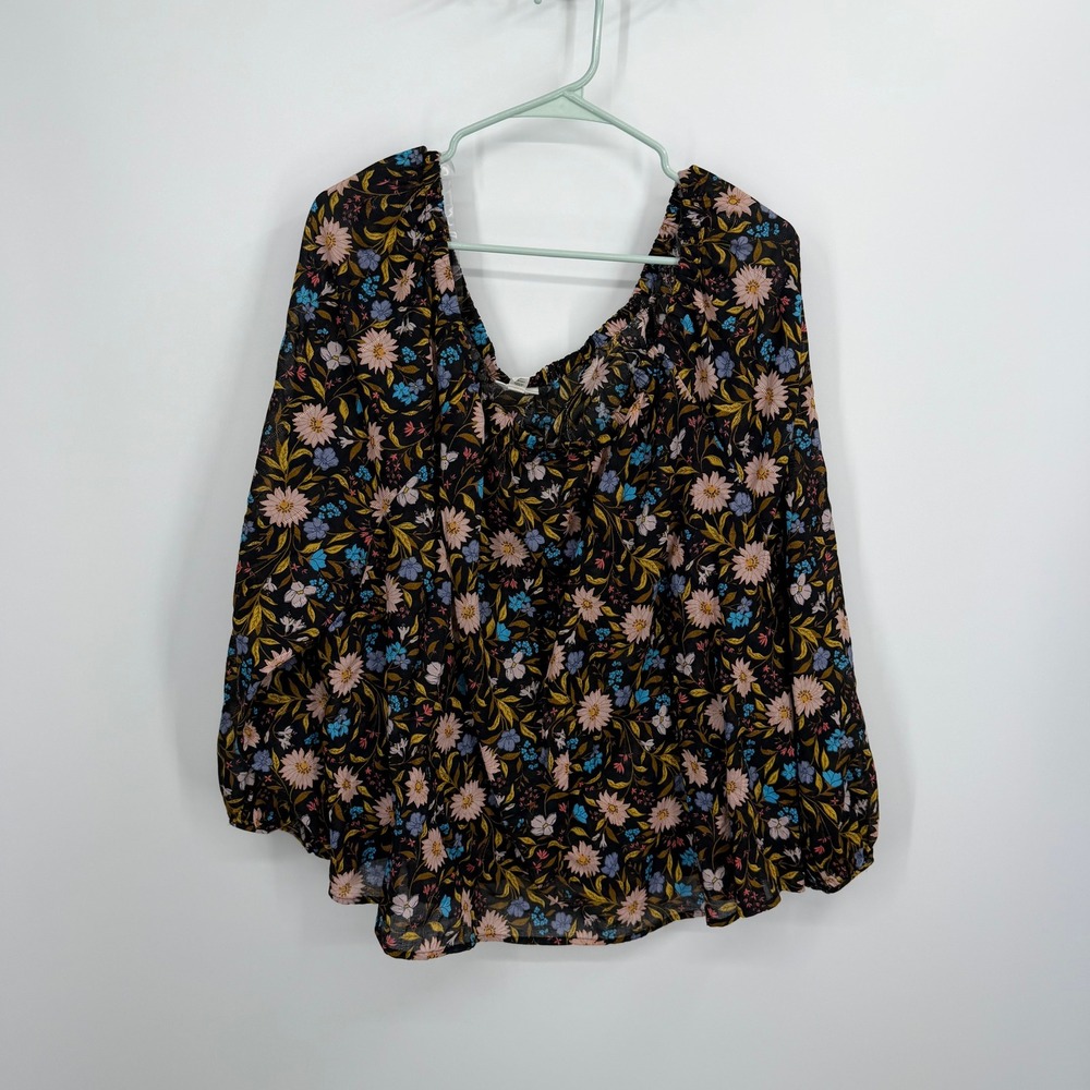 ana Floral Blouse Womens‎ 3X Black Long Sleeve Peasant Top Cotton